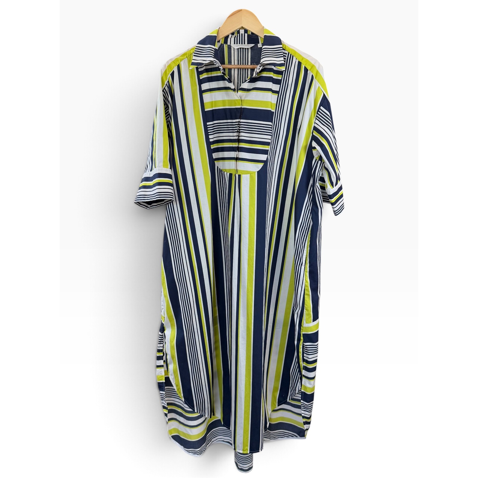 Carla Rockmore Shirt Dress Womens Medium Navy Lime Striped Midi Cotton Euc — image 2 of 8